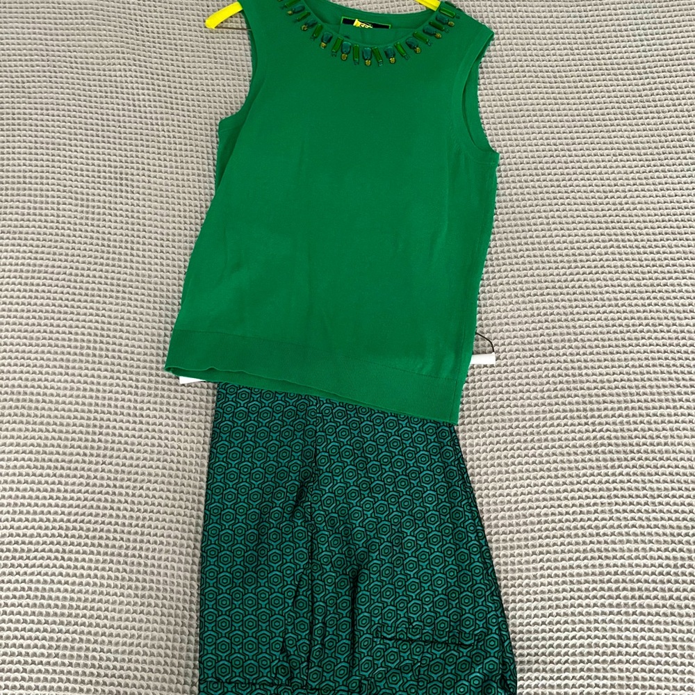 C. Wonder Emerald Green cardigan set with patterned satin pants